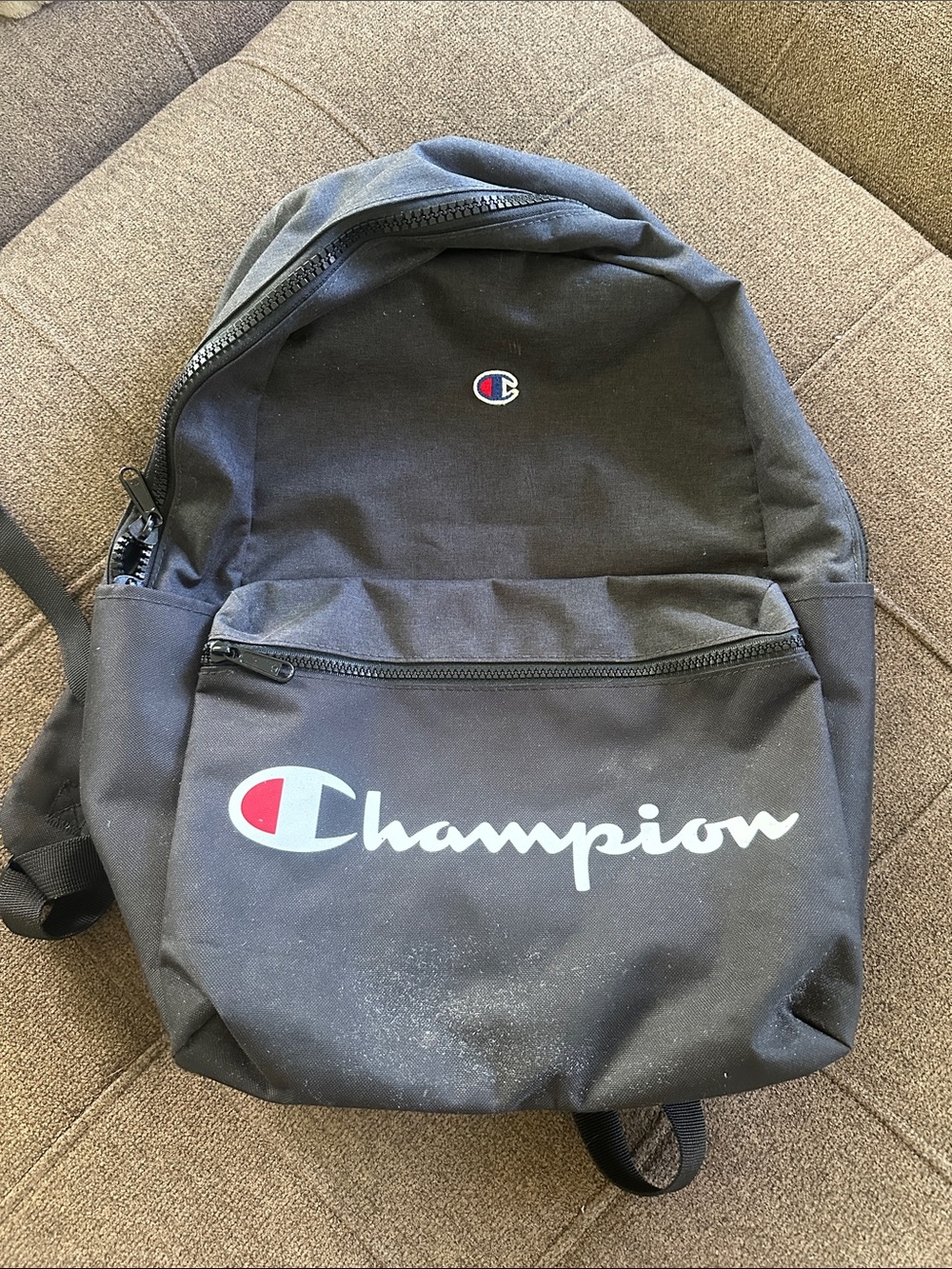 Champion Black Backpack with White Logo and Red Accent